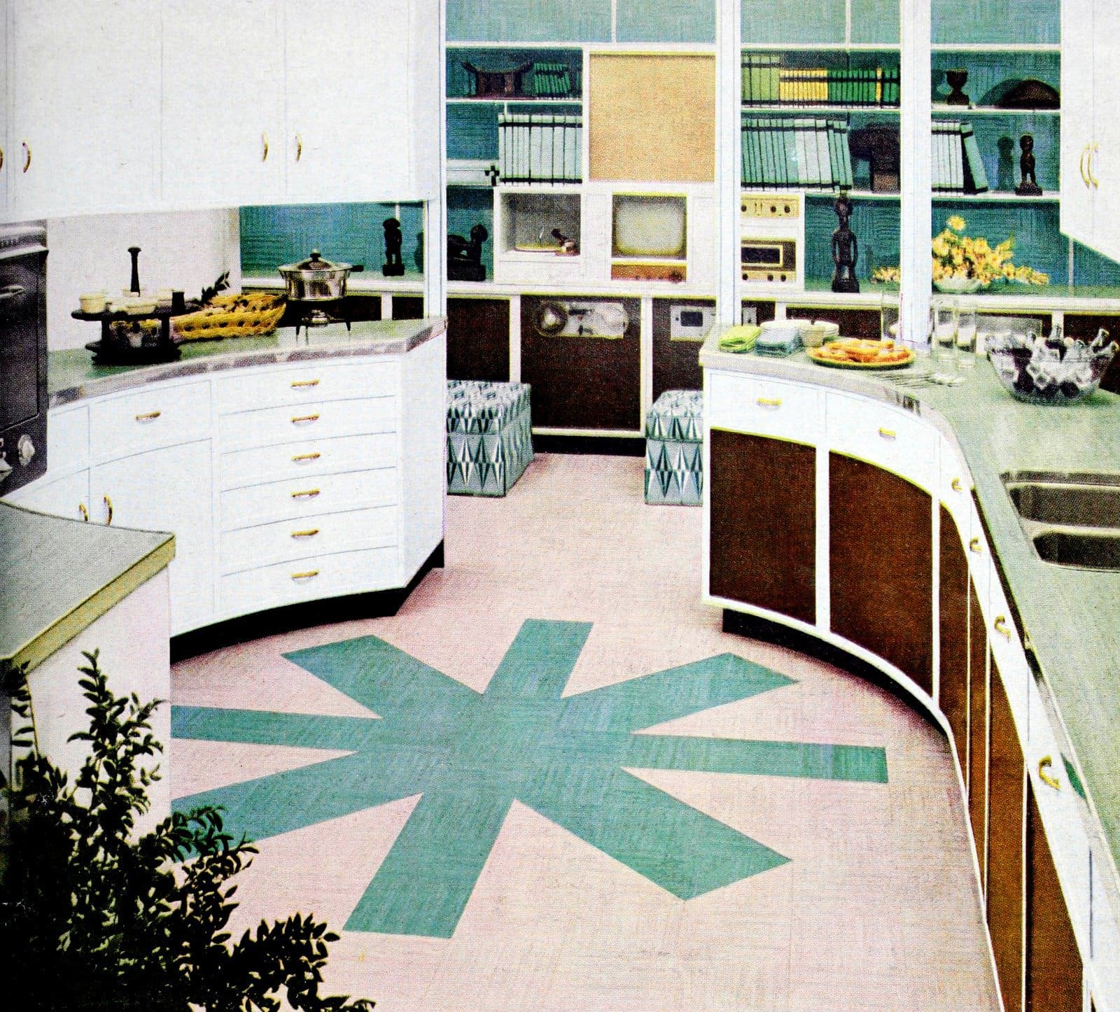 See a rounded 1950s kitchen with a pink floor \u0026 inset turquoise star shape  design - Click Americana, image size:1600x1446