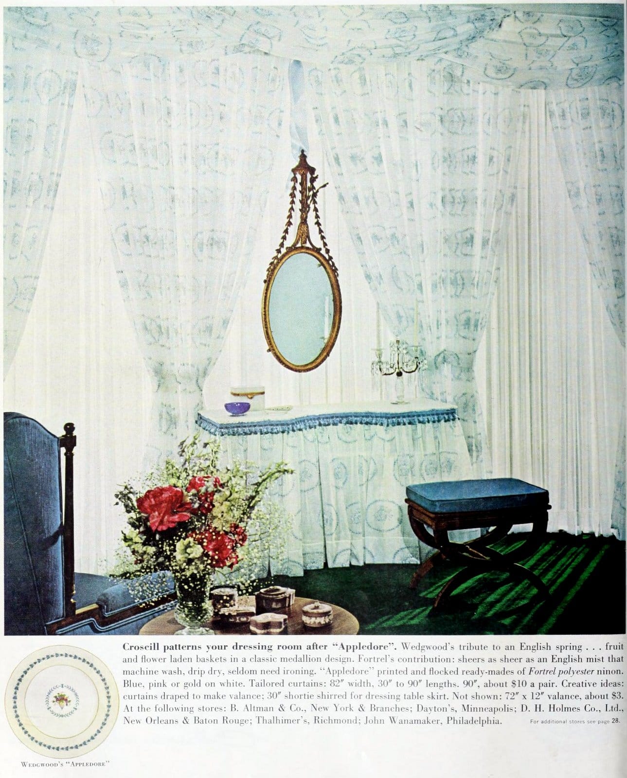 These 25 unique mid-century curtains and drapes may inspire you or... not 4 Vintage tie-back draperies in white with blue (1964)