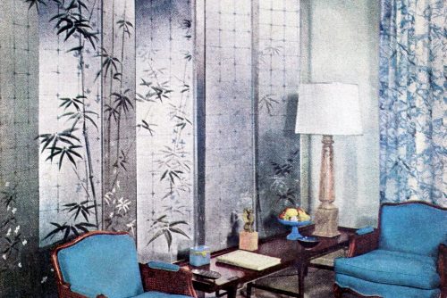Wallpapered panels for a blue vintage living room 1950s