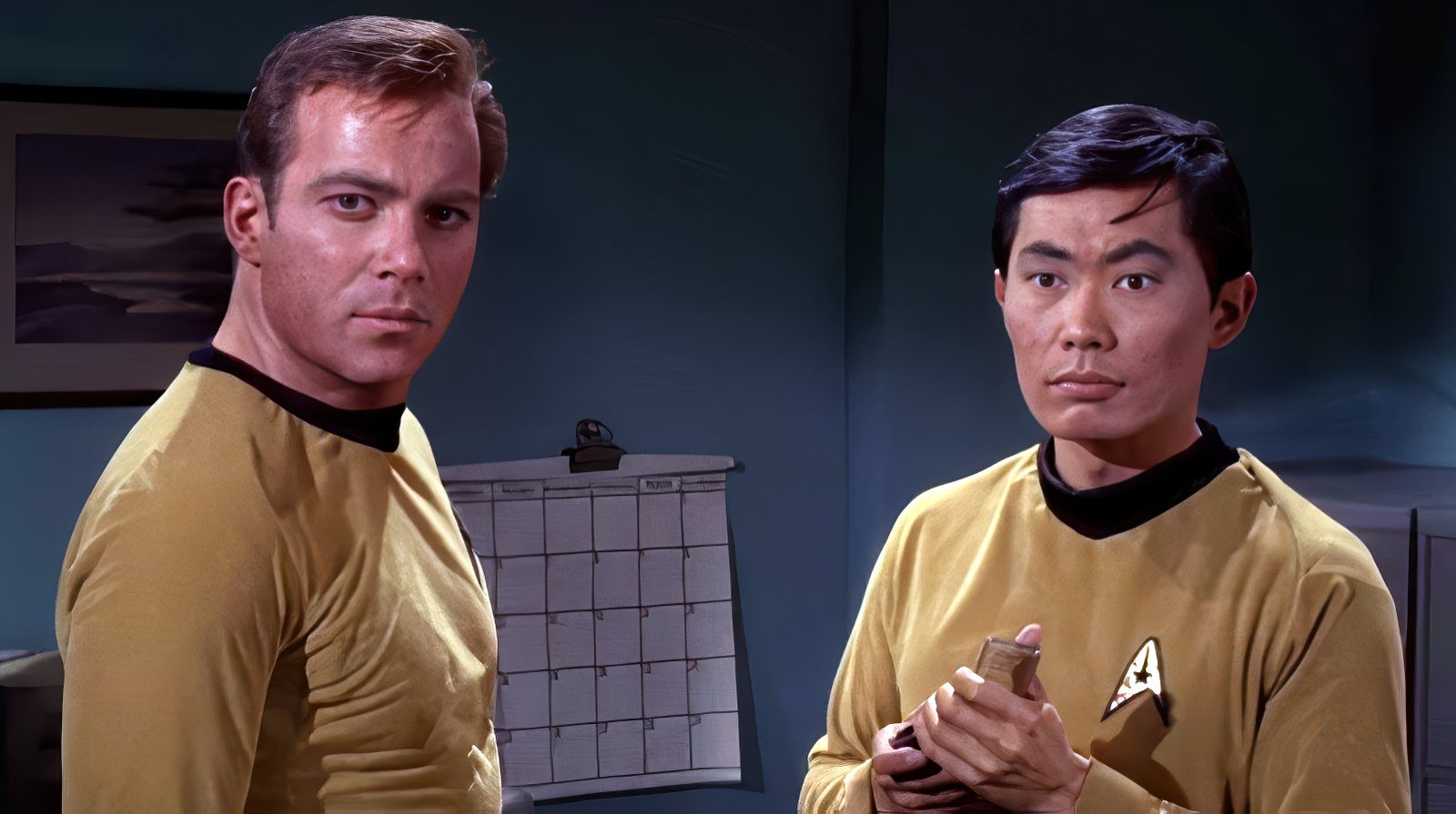 William Shatner and George Takei in Star Trek scene via ClickAmericana com