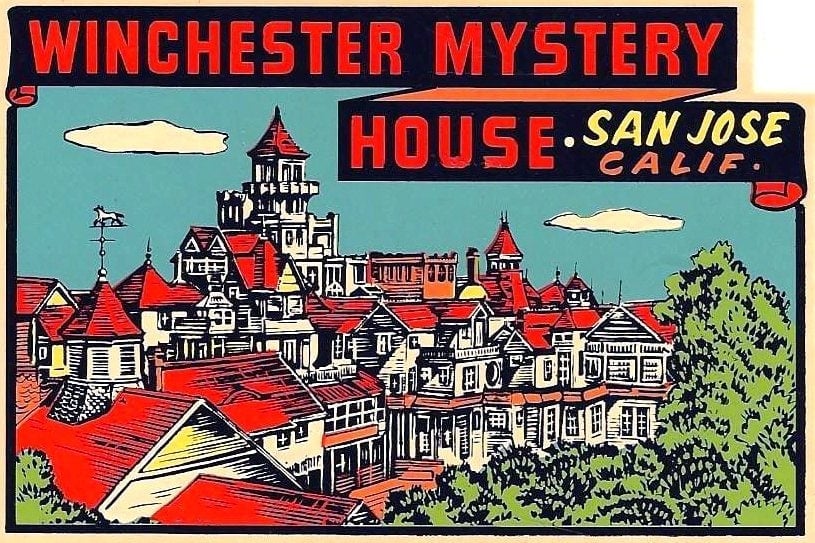 See inside the bizarre 160-room Winchester Mystery House: From the haunted, mixed-up mind of Mrs William W Winchester 10 Winchester Mystery House 1948 postcard sticker