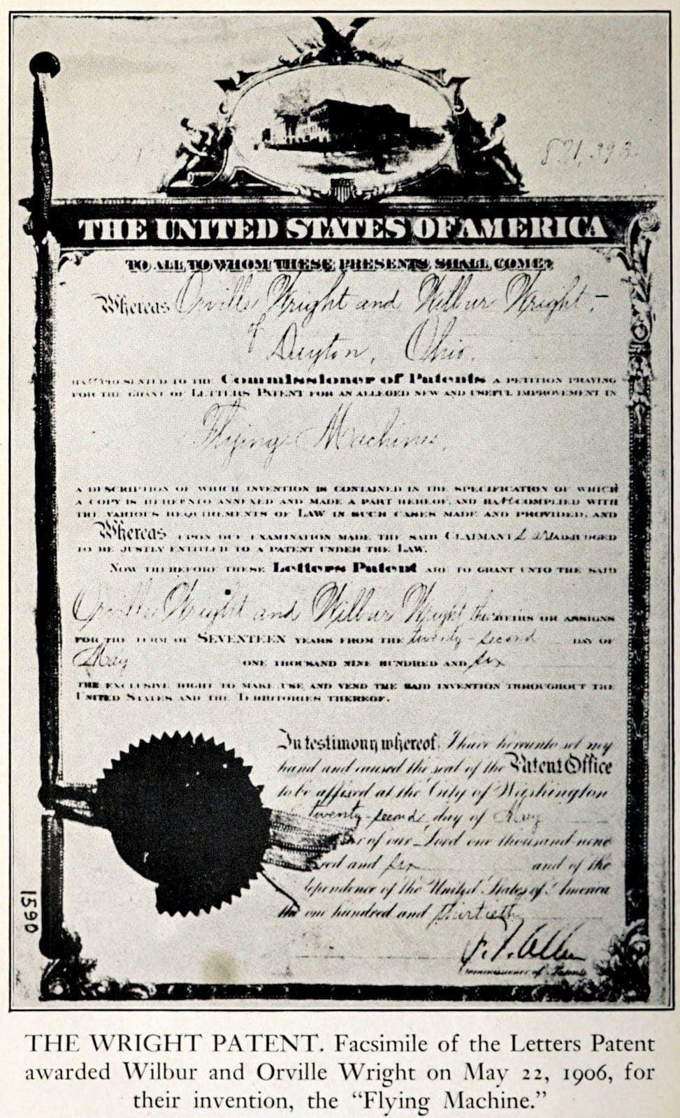 Wright Bros patent from 1906 for their Flying Machine