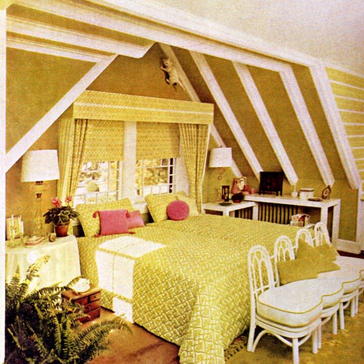 Yellow and white dormer bedroom attic space decor 1960s