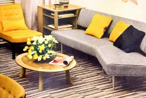 Yellow, black and grey midcentury modern living room