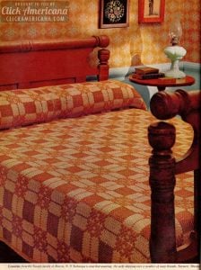 cotton patchwork quilt on vintage wooden bed with floral wallpaper background, classic American bedroom decor, 1950s style interior, cozy home design