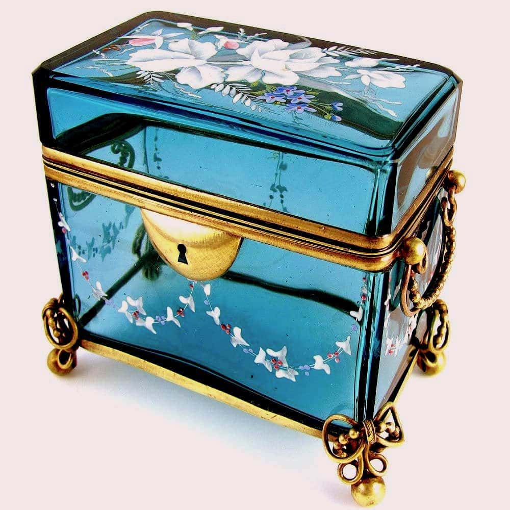 Antique enameled blue glass sugar caskets & jewel caskets (1800s