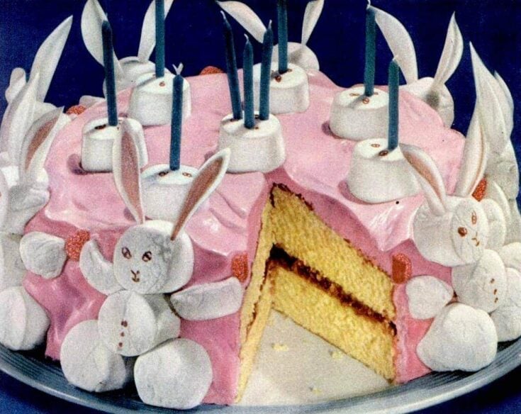 birthday cake with marshmallow bunnies 1941