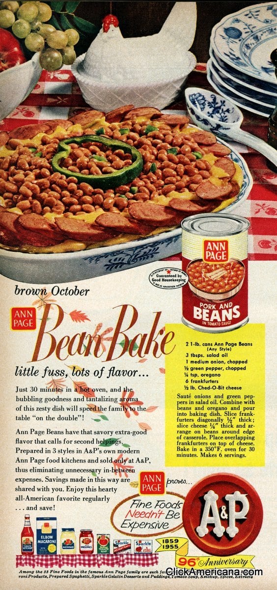 Ann Page zesty baked beans recipe (1955) - Click Americana