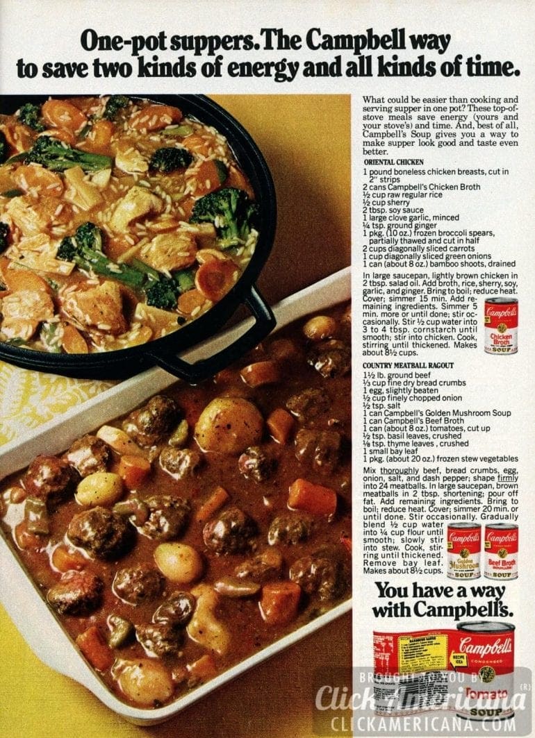 Country meatball ragout & Oriental chicken (1978) - Click Americana