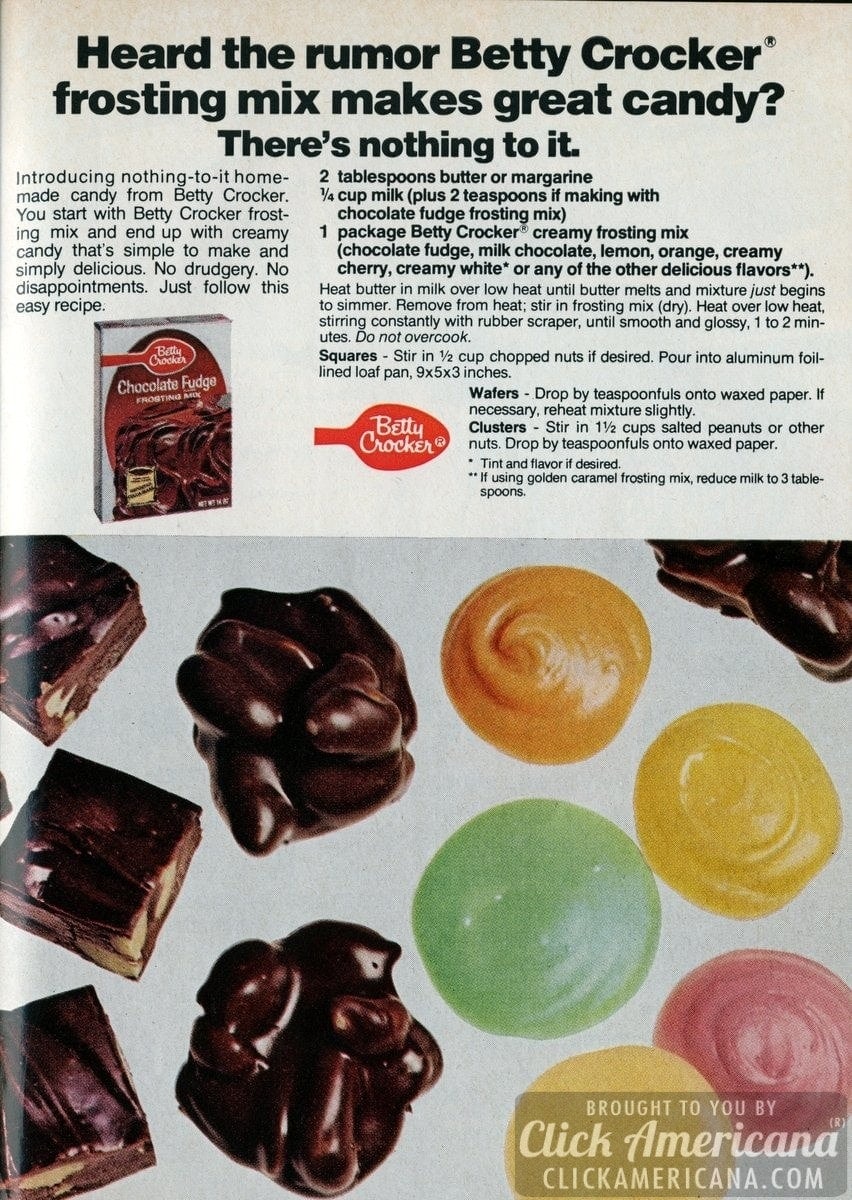 Make homemade candy with Betty Crocker frosting mix (1972) Click