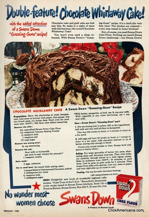 Chocolate whirlaway cake (1950) Click Americana