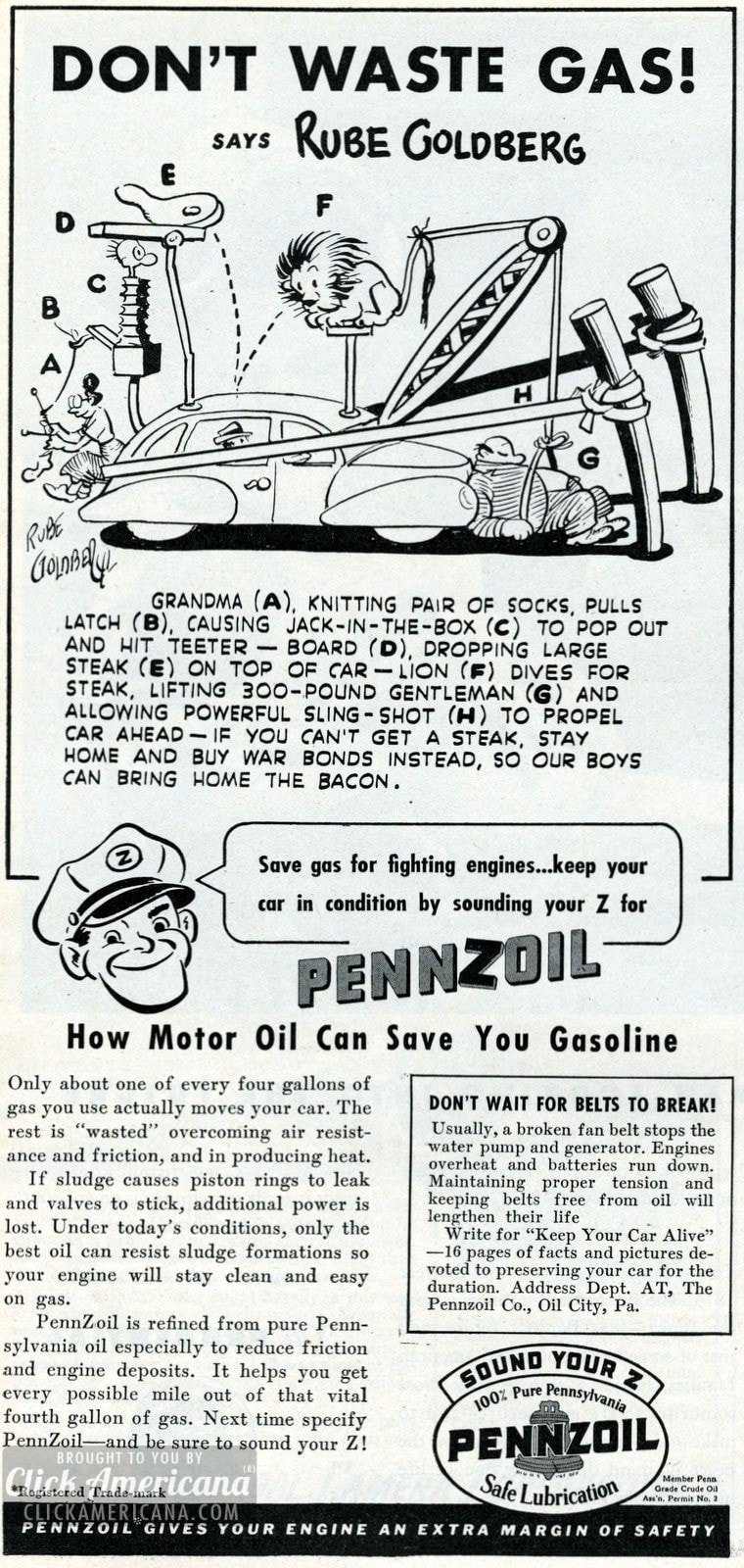Pennzoil ad featuring Rube Goldberg