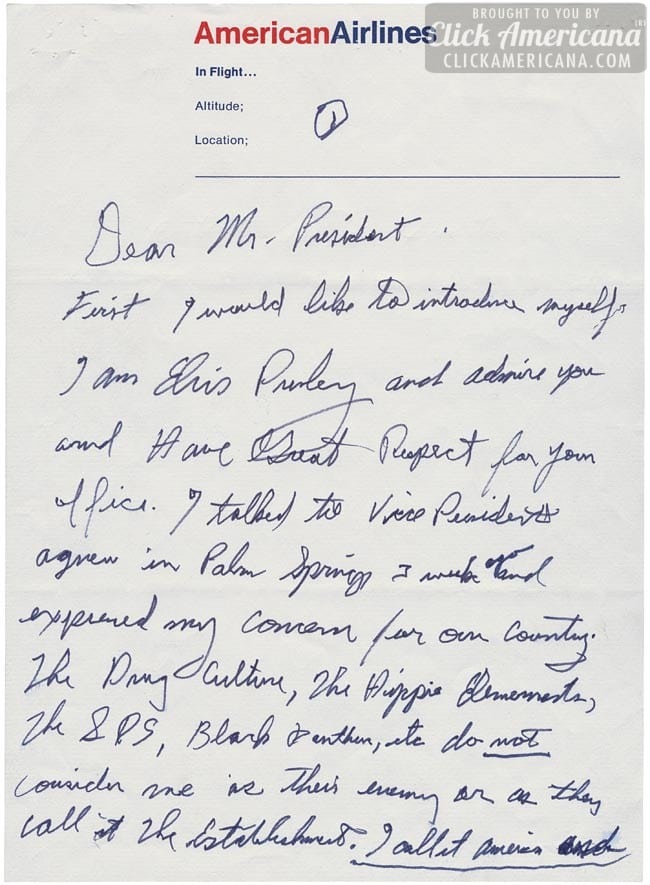 Elvis Presley's handwritten letter to President Nixon - Page 1
