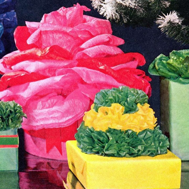Holiday gift wrap: fancy ways to pouf-wrap gifts with tissue paper (1964)