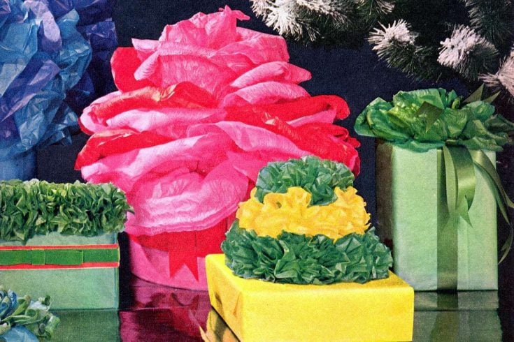 Holiday gift wrap: fancy ways to pouf-wrap gifts with tissue paper (1964)