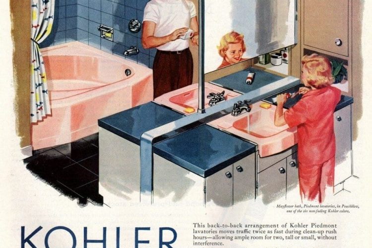Kohler bathroom plumbing fixtures in Peachblow pink (1957) Click