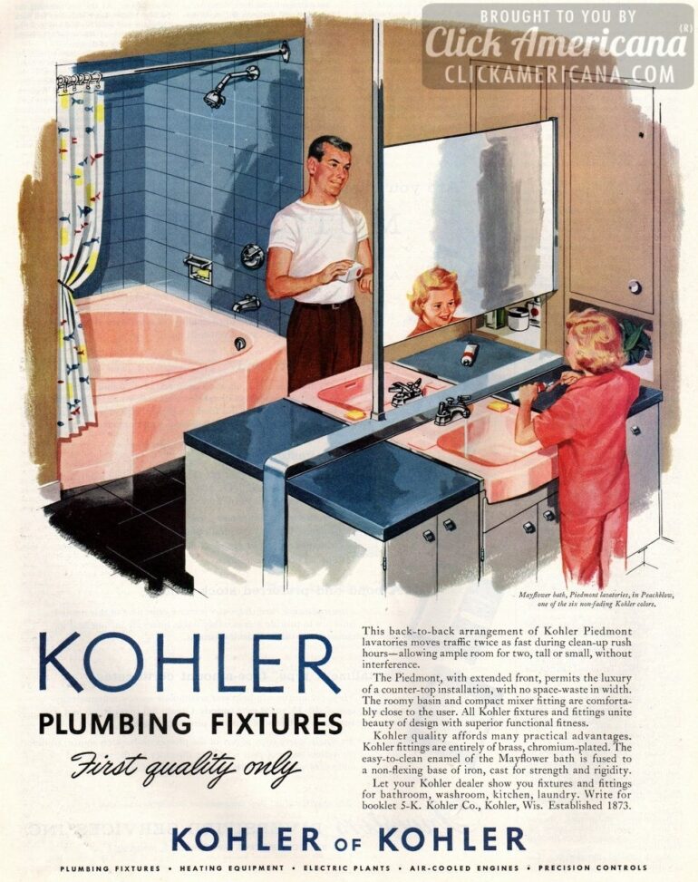 Kohler bathroom plumbing fixtures in Peachblow pink (1957) Click