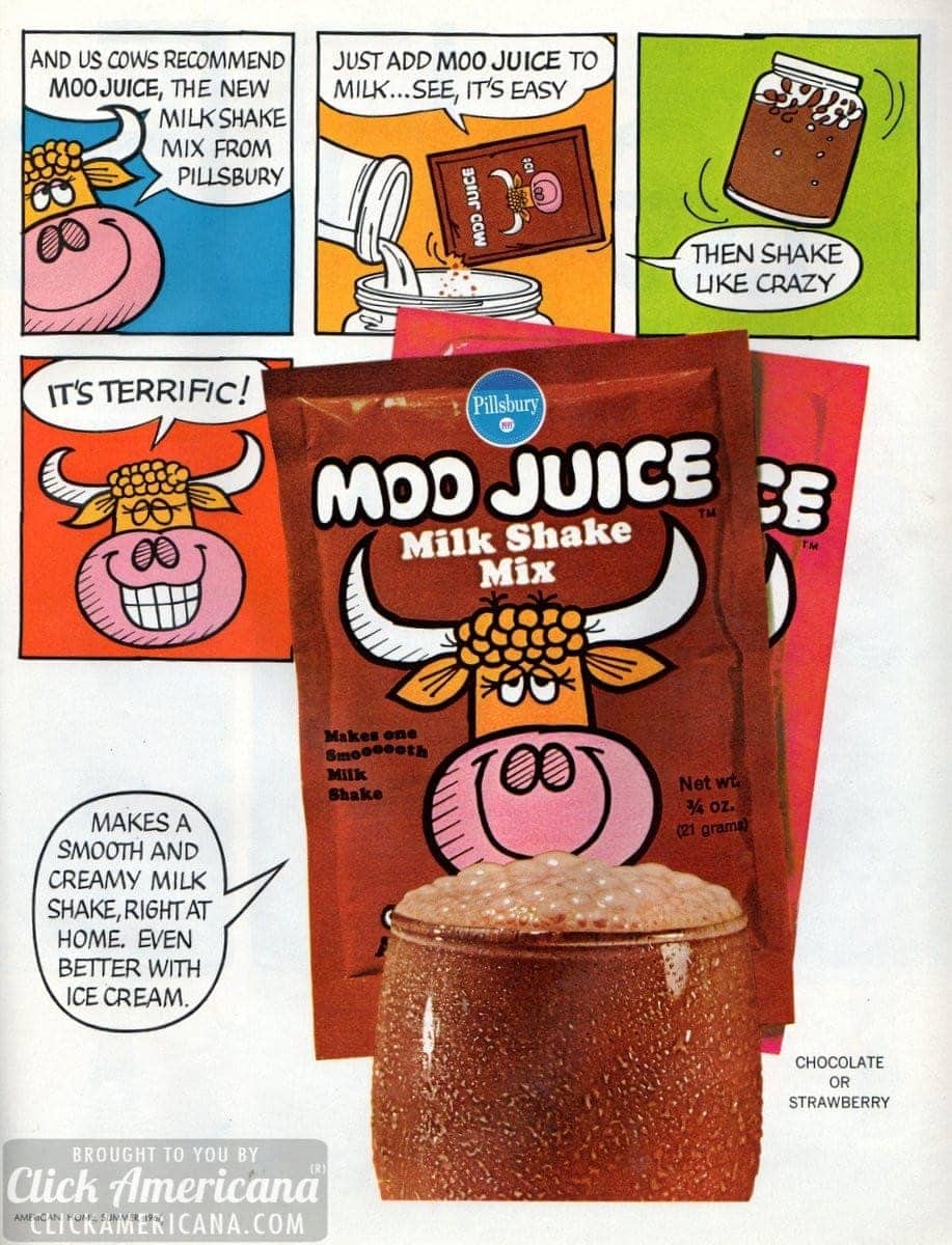 Cows Moo Juice milkshake mix (1967) Click Americana