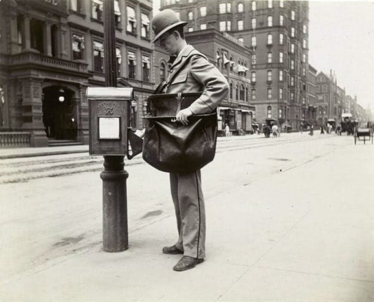See vintage mail carriers & post office service carts from 100+ years