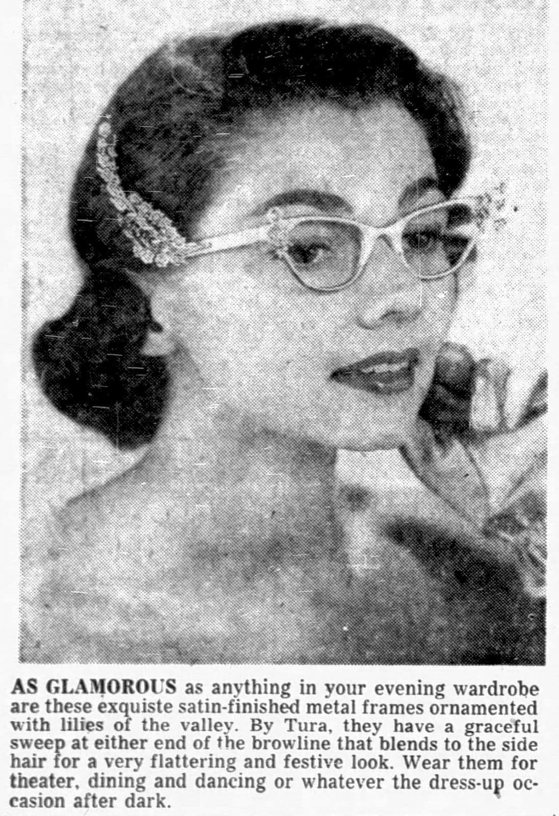 Vintage-style eyeglasses with satin-finished metal frames ornamented with lilies of the valley 1956