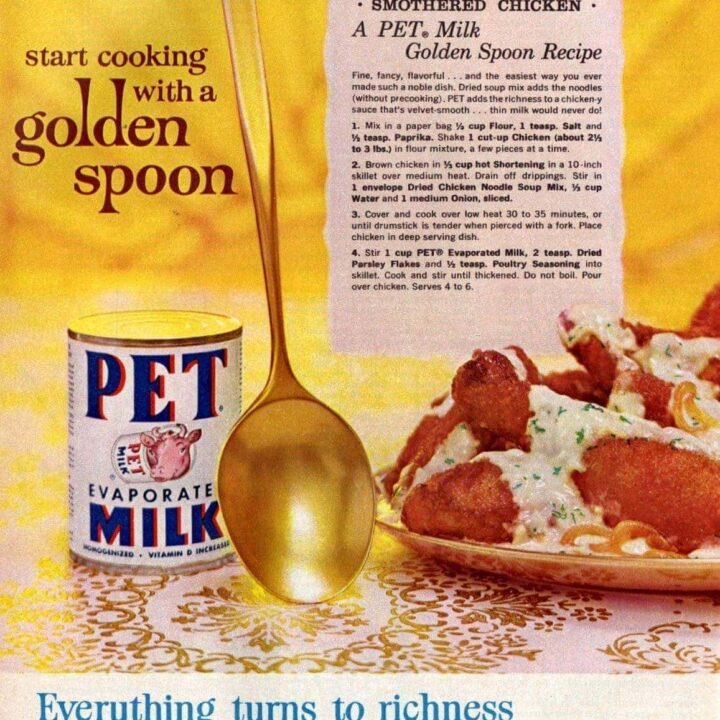 Smothered chicken with a smart & easy retro twist you’ll want to try tonight (1962) 1 Golden spoon recipe for smothered chicken with PET® evaporated milk and dried parsley flakes, classic vintage American food advertisement.