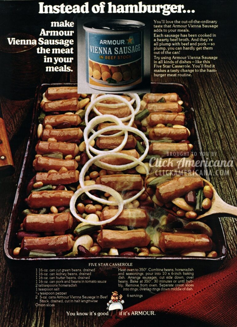 Five Star Vienna Sausage Casserole recipe (1974) Click Americana