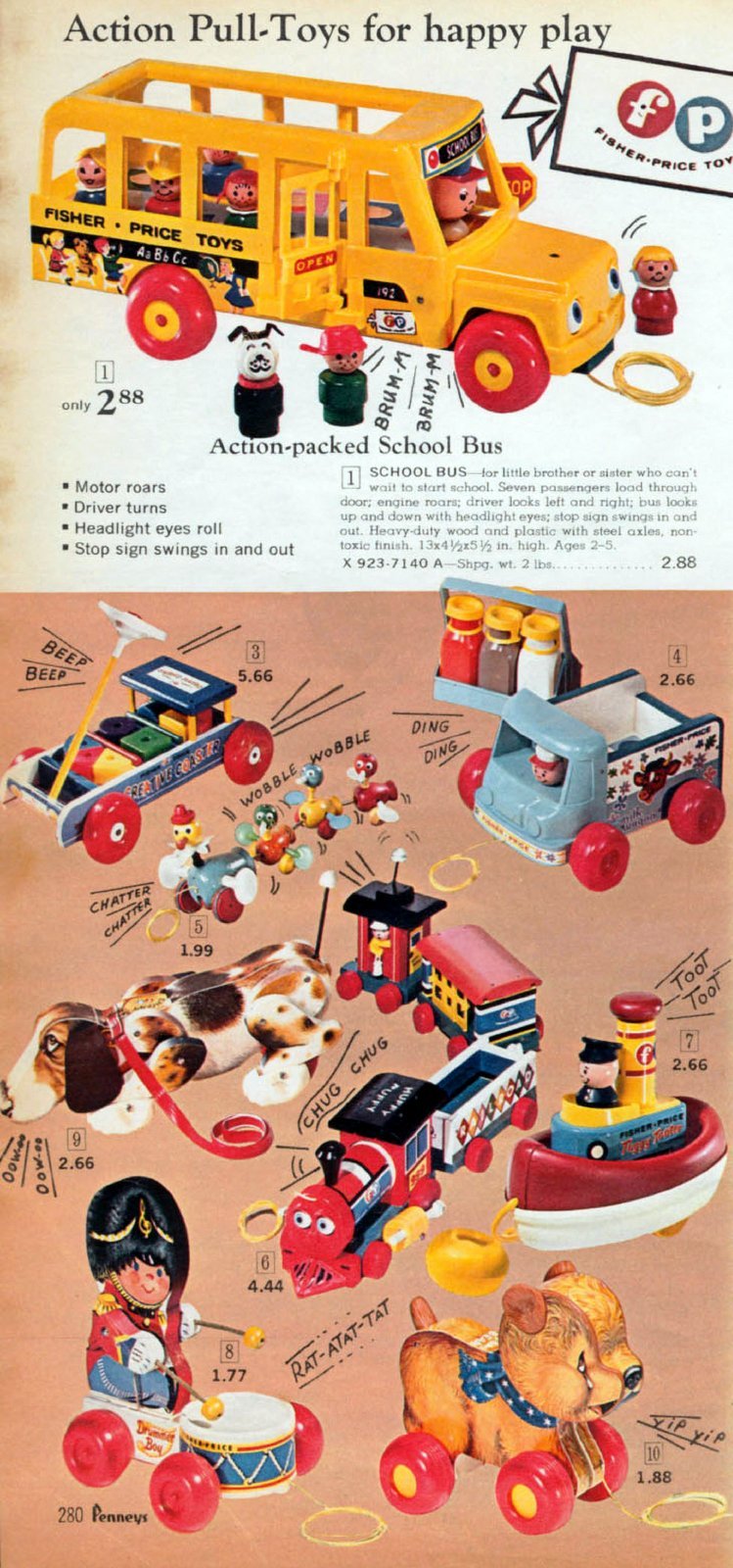 vintage action Pull-Toys from Fisher Price (1967) via ClickAmericana com