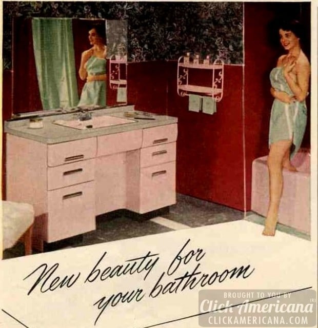 A pink sink cabinet, tub and wall shelf plays against red and black